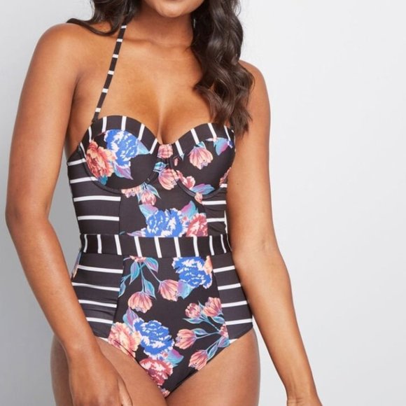 New ModCloth Black Floral Swimsuit - Picture 2 of 6